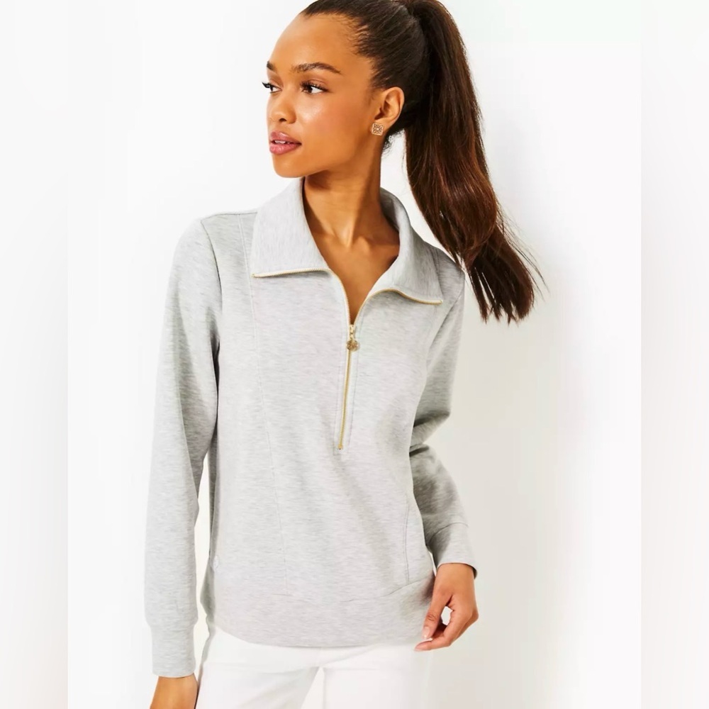 Lilly Pulitzer Eleni Half Zip Pullover XS Gray Heather Sandwashed Knit UPF 50+
